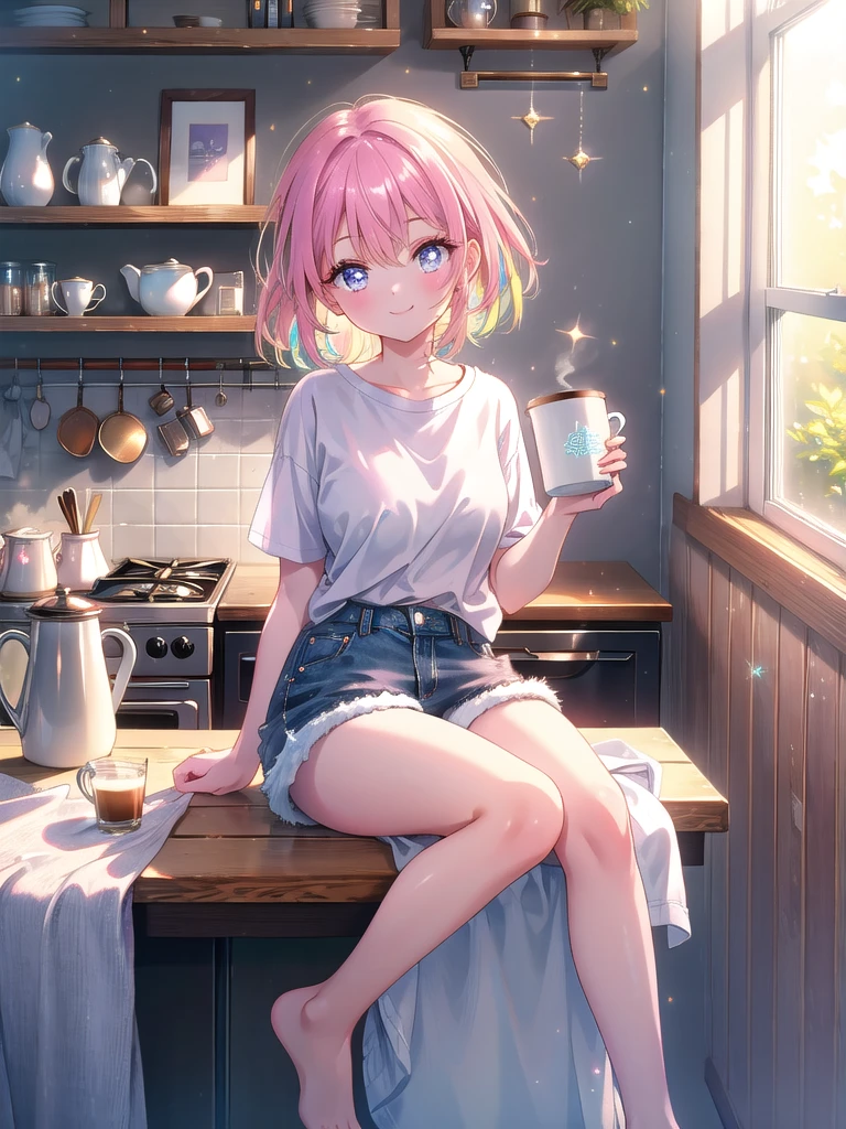 ((8k, Highest quality, masterpiece: 1.3)),Ultra-high resolution,(1 girl, alone), (Color changing eyes, Ultra-detailed, Expressive brilliance, Glitter, Glowing Eyes), Highly detailed eyes, Highly detailed face, Random Hair, ((pastel colour))A charming woman sitting on the kitchen counter, barefoot, wearing a loose white T-shirt and denim shorts. The early morning light filters through the window, creating a soft, inviting atmosphere. She’s holding a mug of coffee, sipping it with a contented smile. Her legs are casually crossed, and she playfully swings one foot as she looks at the camera with a relaxed, affectionate gaze, as if she’s enjoying a quiet morning with her boyfriend.
