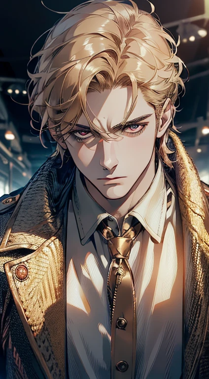(best quality, masterpiece, 8K, photorealistic, cinematic lighting, 1:4 hdr image, ultra detailed, beautiful image), a mature man, 34 years very handsome, ((cold expression)), short golden hair, red eyes, face perfect without mistakes, ((buttoning his jacket, CEO))