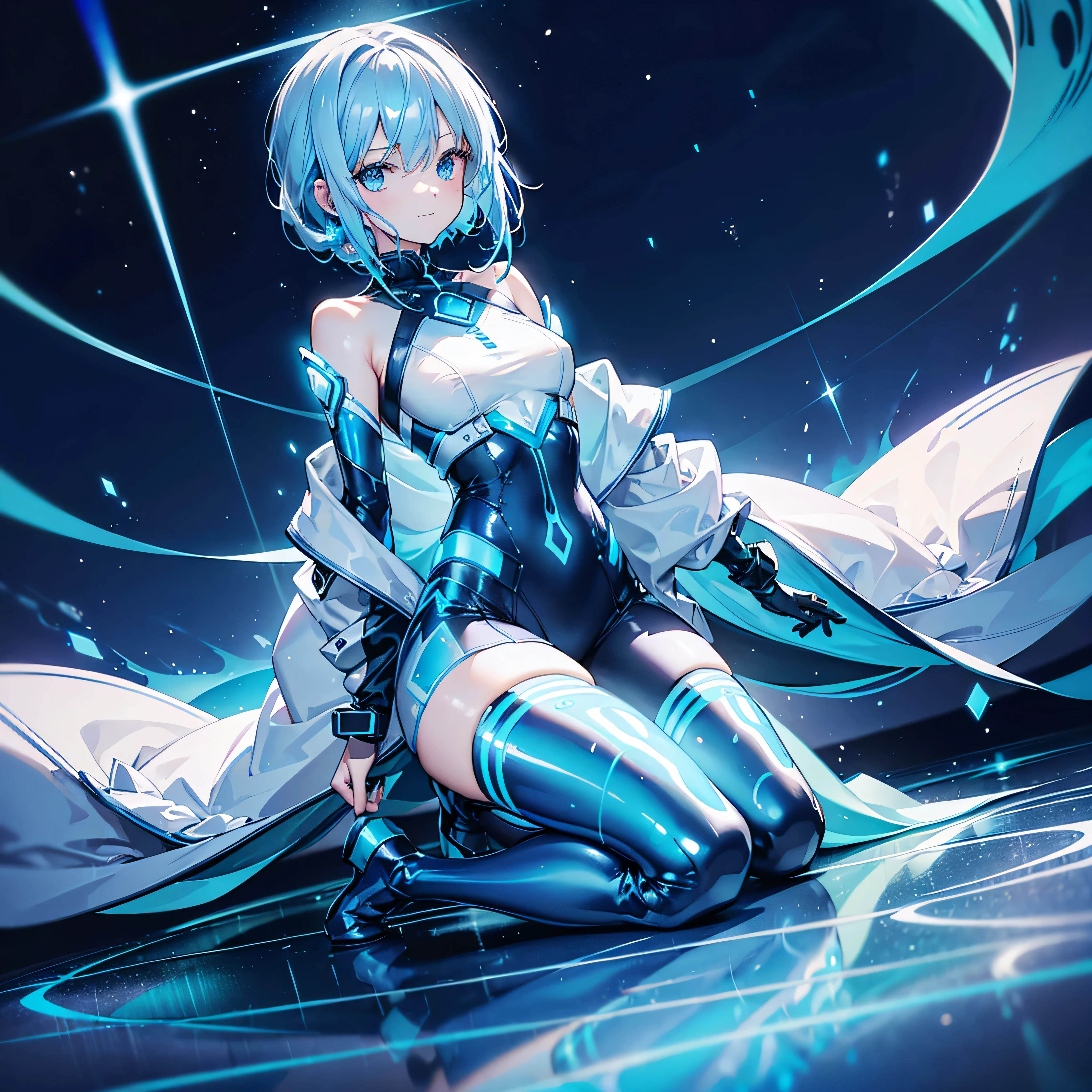 ((Holographic glow effect)),8k, Highest quality, (real:1.4), Original photo, 1 person, Asari Hair, Biological Amplifier, Very sleek and futuristic armor, posture: Peace talks between warring factions,,attention arousal, smart blue eyes,A modest smile,Knee-high boots,Patent-look blue tights,Blue big moon and blue light swirl in the background,Blue light from behind,blue light magic,A small, glowing blue ball in the palm of your hand,Blue flame swirl,Blue Comet,Polished floor,