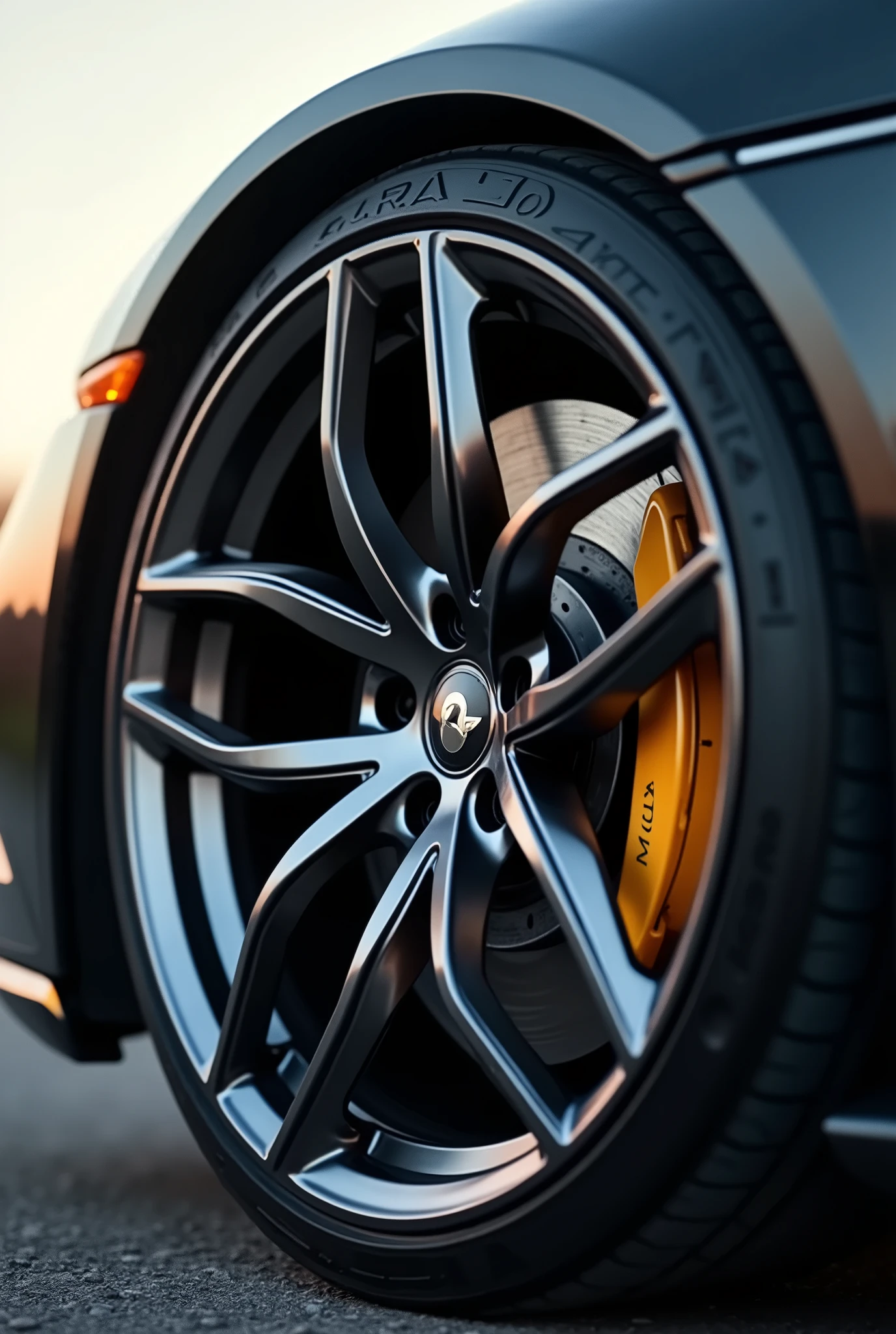 ((Sports car alloy wheels, 5 spokes, Deep rim:1.2)), Metalの艶感, shine, Dull shade, coldness, Metal, Brake disc in the wheel, Drilled rotor, (Evenly spaced spokes:1.4, Perfect circle), Realistic, フォトRealistic:1.2, Highest quality:1.2, Very detailed, Natural light, Cinema Lighting, Fine art, Contemporary art.
