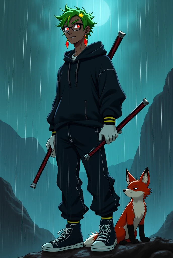 Man with green hair and yellow tips and red eyes, with glasses, with 2 katanas, with a black sweatshirt and soft black pants with white gloves, dark skin tone, but of course, with a psychopathic look, with black and white tennis shoes and 2 small knives, with a fox, with red earrings, animated style, standing posture, on a mountain at night raining