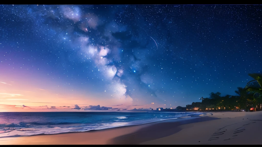 Tropical Beach,night, Starry Sky,milky way, Shooting with a wide-angle prime lens, (Highest quality,8k,High resolution,masterpiece:1.2),Very detailed,(Realistic,photoRealistic,photo-Realistic:1.37),High resolution,超High resolution,Studio Lighting,Vibrant colors,Professional