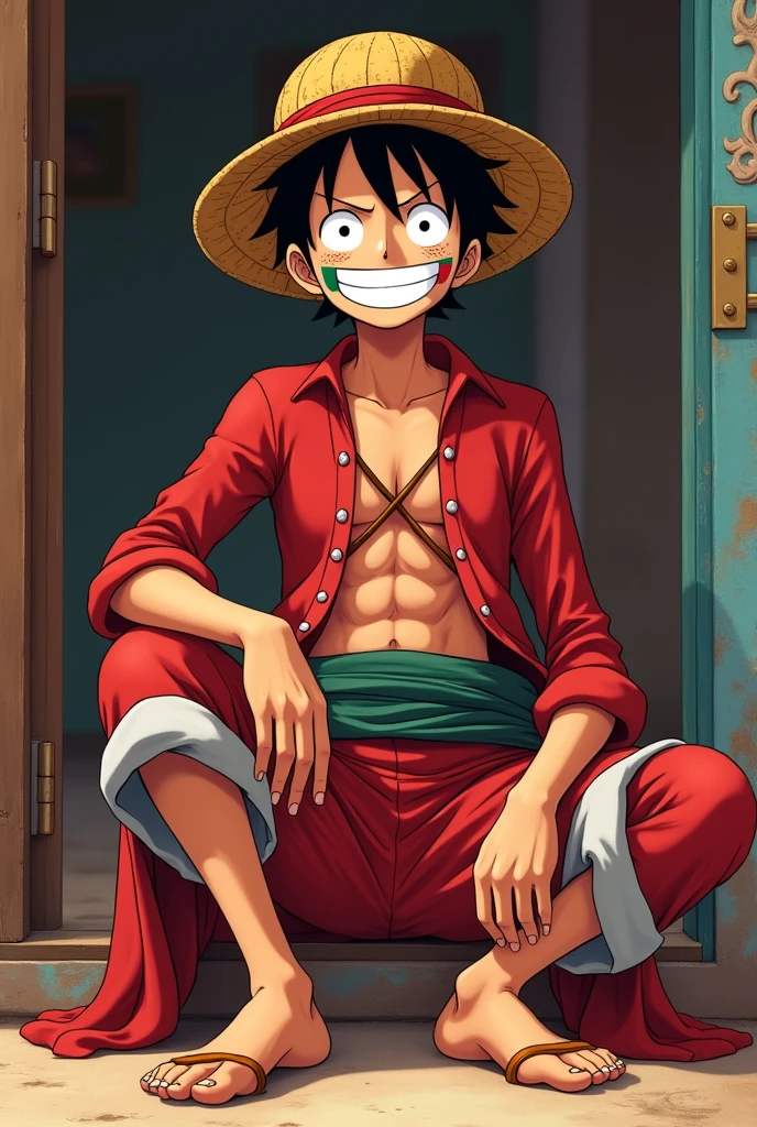 **“Luffy from *One Piece* sitting in kameez shalwar and an Afghan hat, with a  Afghanistan big flag drawn on his face, he is smiling and an Afghan cultural background.”** 
