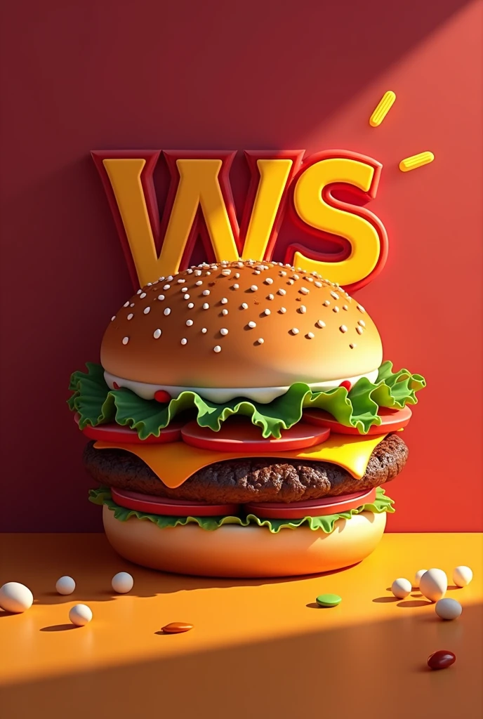 I want a brand logo with vibrant colors, burger shop with initials WS that is not too big and has the name burger 
