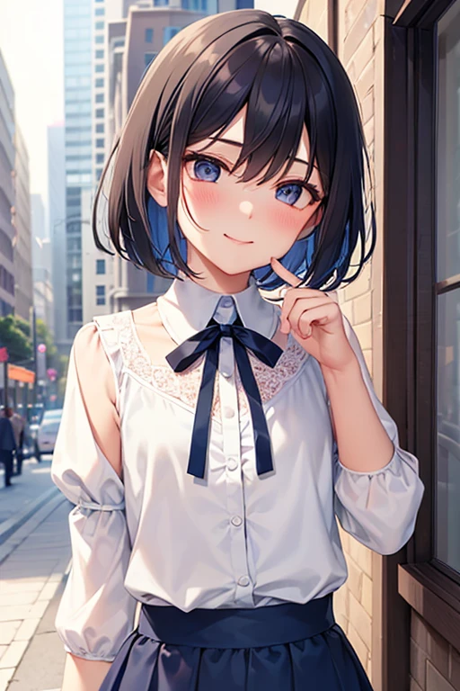 Highest quality, Androgynous male,Cute face,Flat Chest,Short Bob Cut,tutu skirt,Lace blouse,White blouse,Blouse with collar,Ribbon on neck,sleeve,Blue Skirt,Black Hair,Smiling shyly, Blushing, Character portrait, Shooting in the city