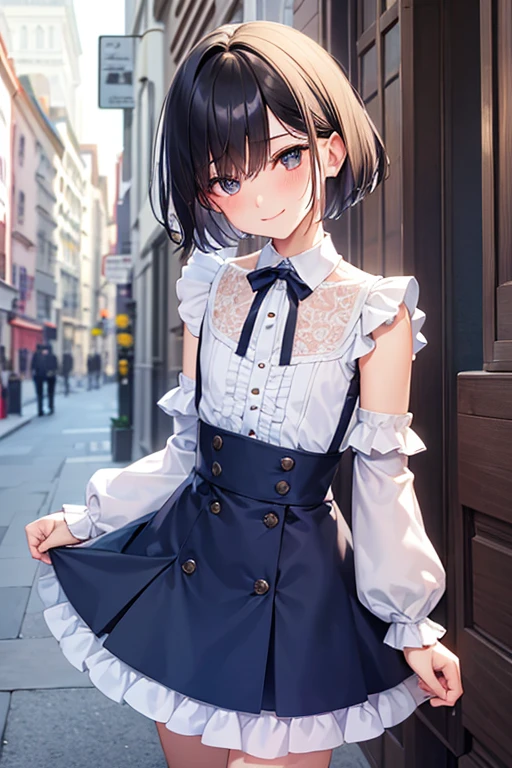 Highest quality, Androgynous male,Cute face,Flat Chest,Short Bob Cut,tutu skirt,Lace blouse,White blouse,Blouse with collar,Ribbon on neck,sleeve,Blue Skirt,Black Hair,Smiling shyly, Blushing, Character portrait, Shooting in the city