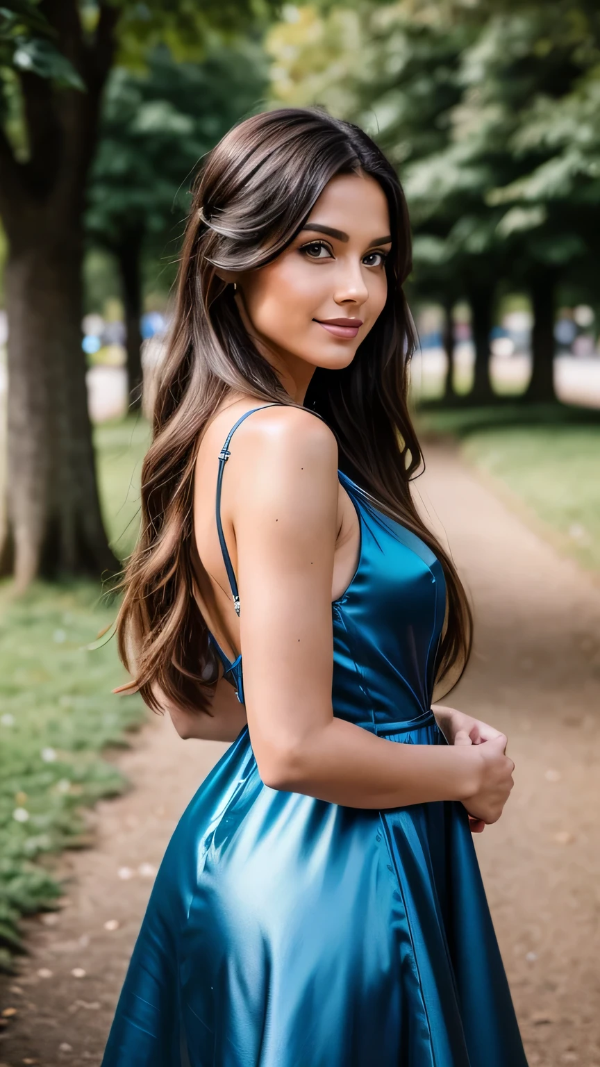 Realistic full body photo of a smiling brunette with long hair, She dances in front of the camera in a short A-line dress with straps made of shiny blue satin., Park,glamour fotoshooting, Wedding celebration, perfect anatomy, perfect brown eyes. Perfect hands with 5 fingers on each hand, Matching girl, looking at the camera, 1 Frau. (Eye make up:1.1), (highly detailed skin:1.1), spirit, analog style, keen focus, 8K UHD, dslr, good quality, Fujifilm XT3, Grain, Award-winning, masterpiece. Wedding celebration. She stands in the park and looks over her shoulder towards the camera.