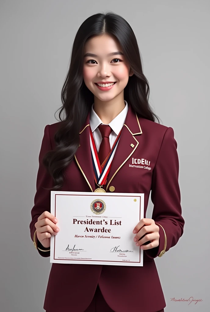 "A pretty lady wearing a maroon uniform with 'Enderun International College' on it is holding a certificate that reads 'President's List Awardee.' With her name Haven Serenity Felizeiana Suarez. She is also wearing three medals and smiling at the camera."