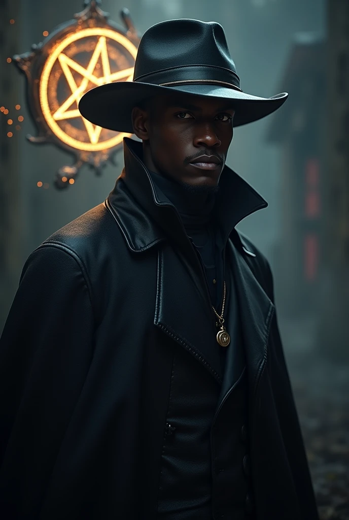 A young black man, wearing a black leather overcoat and a black leather hat, dark magical background, he has a coat of arms in the shape of a pentagram