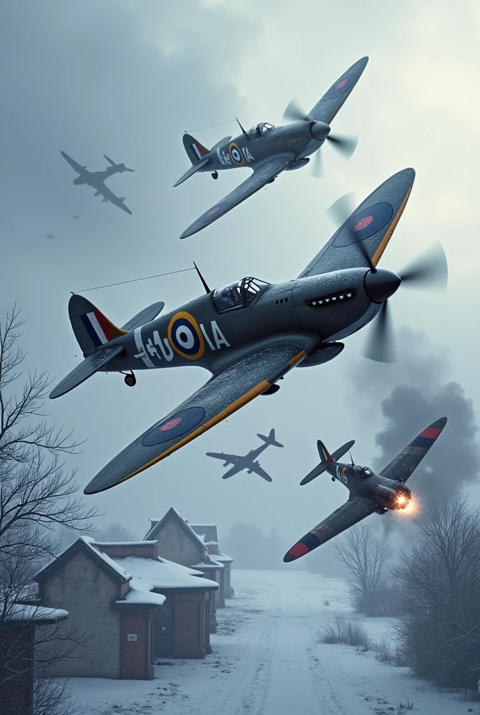 2 Spitfires flying low attacking Nazis during a snowstorm in the depths of winter in Poland during World War II..World War II in the background a nazi fighter plane falls smoking from the sky with snow-covered, completely destroyed buildings