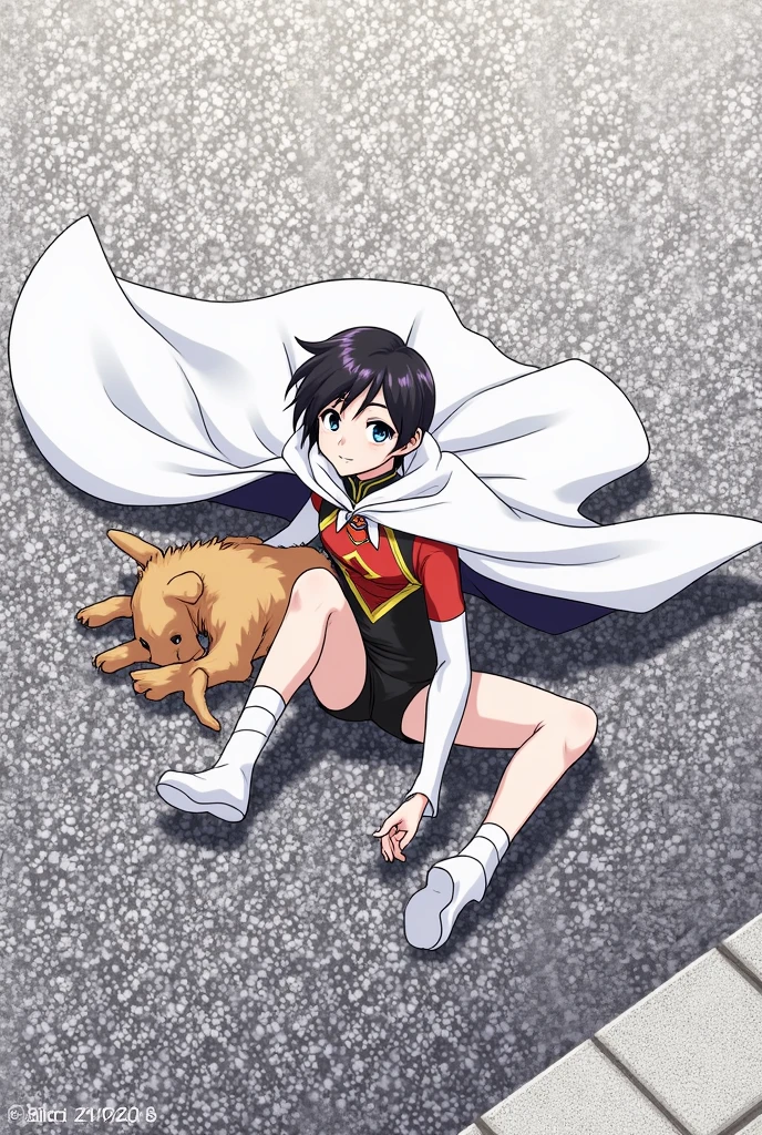short hair girl, wearing a hero costume with a cape, sitting on the asphalt, cuddled with a caramel dog.