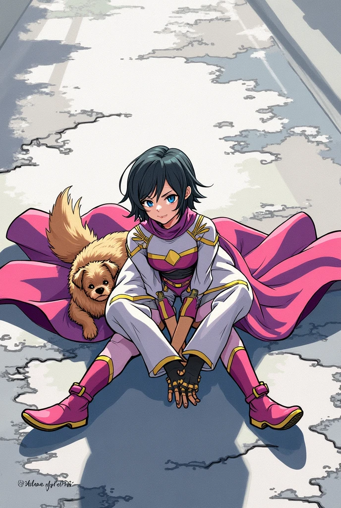 short hair girl, wearing a hero costume with a cape, sitting on the asphalt, cuddled with a caramel dog.