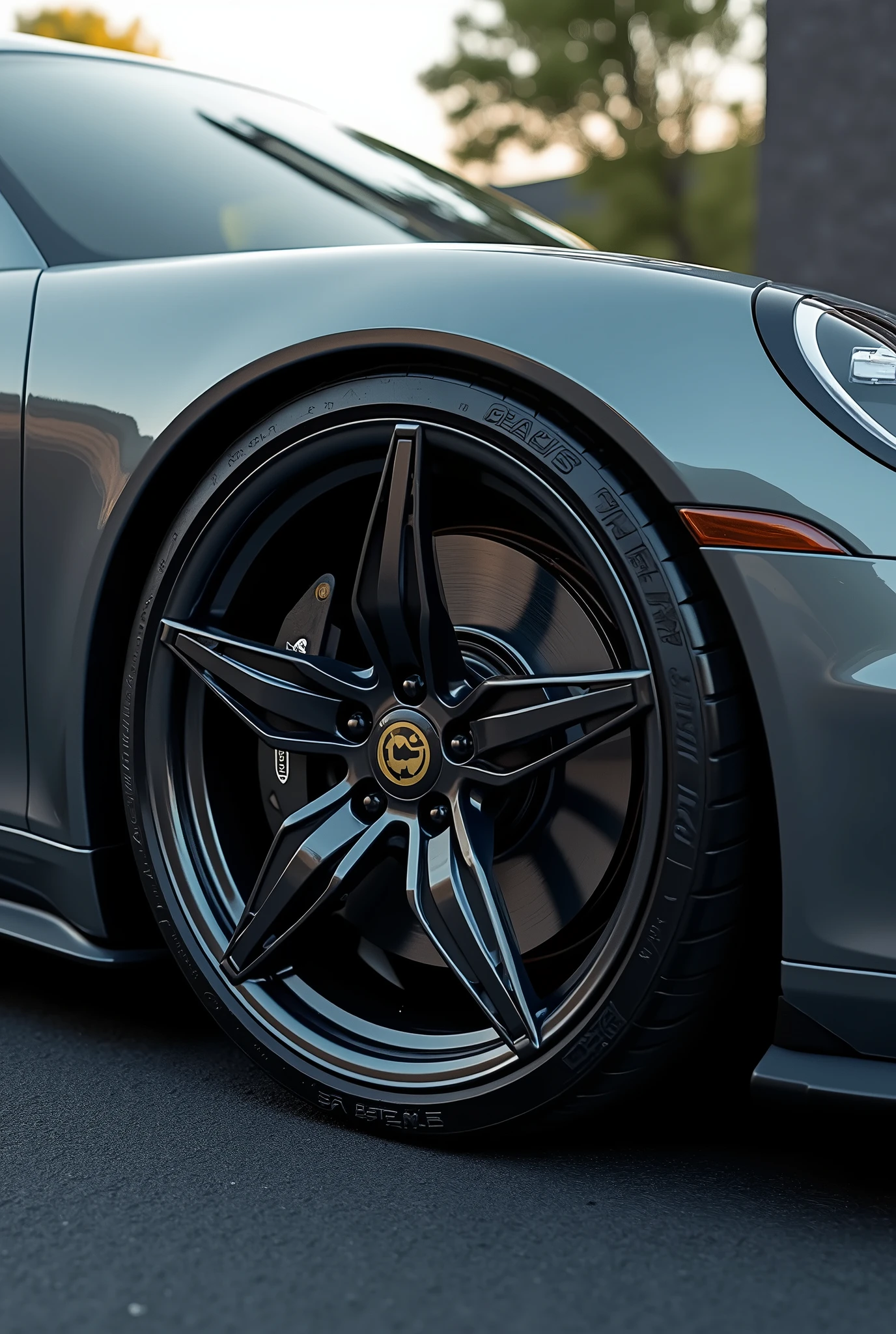 ((Sports car alloy wheels, 5 spokes, Deep rim:1.2)), Metalの艶感, shine, Dull shade, coldness, Metal, Brake disc in the wheel, Slotted rotor, (Evenly spaced spokes:1.4, Perfect circle), Realistic, フォトRealistic:1.2, Highest quality:1.2, Very detailed, Natural light, Cinema Lighting, Fine art, Contemporary art.