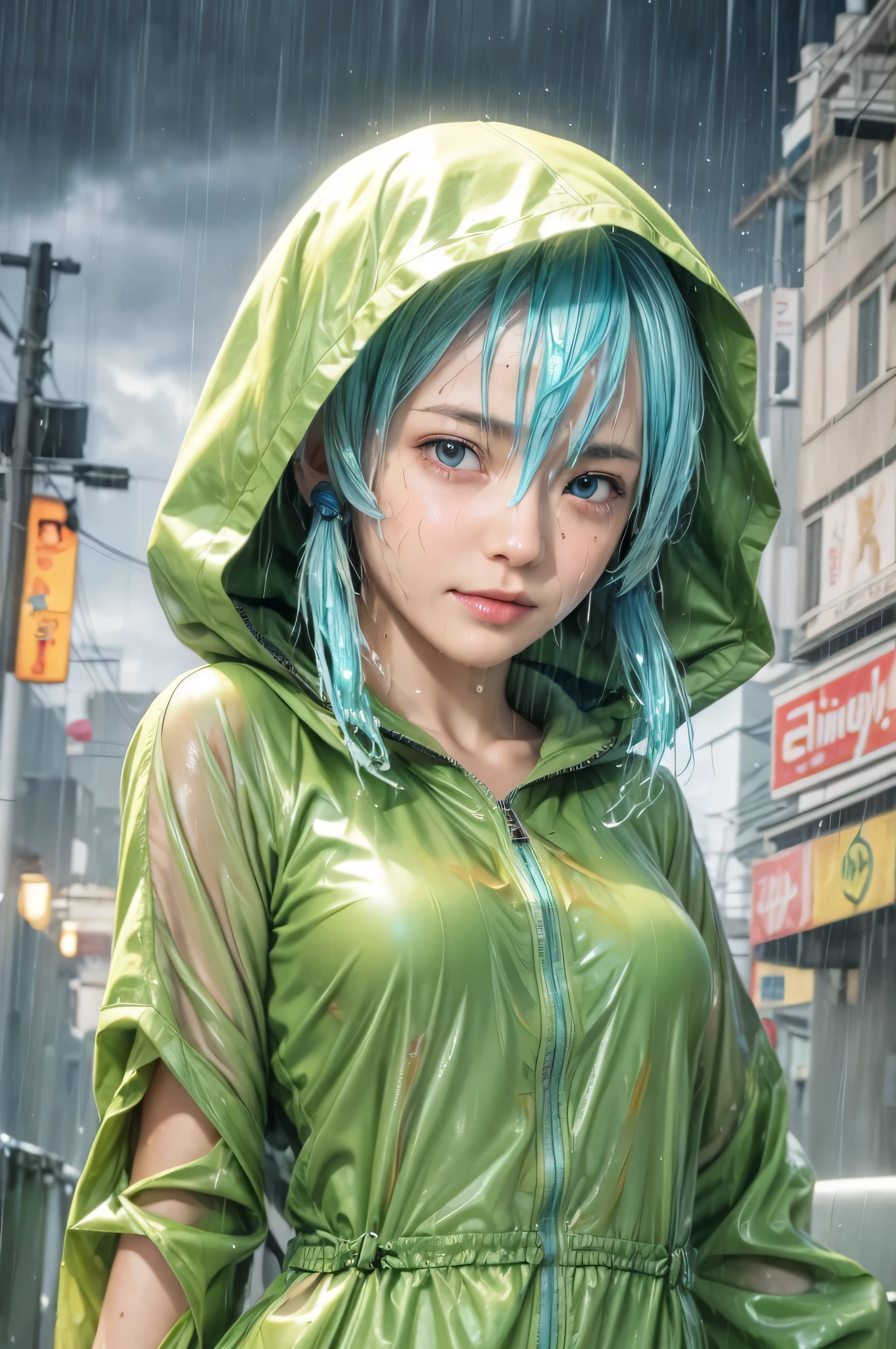 masterpiece, best quality, (realistic,photo-realistic:1.4), (RAW photo:1.2), extremely detailed CG unity 8k wallpaper, delicate and beautiful, amazing,finely detail, official art, absurdres, incredibly absurdres, huge filesize, ultra-detailed,extremely detailed eyes and face,light on face,sinon,(little smile),(blue hair:1.4),(short hair:1.4),(raining background:1.4),(sidelocks:1.4),(wet body:1.5),raincoats