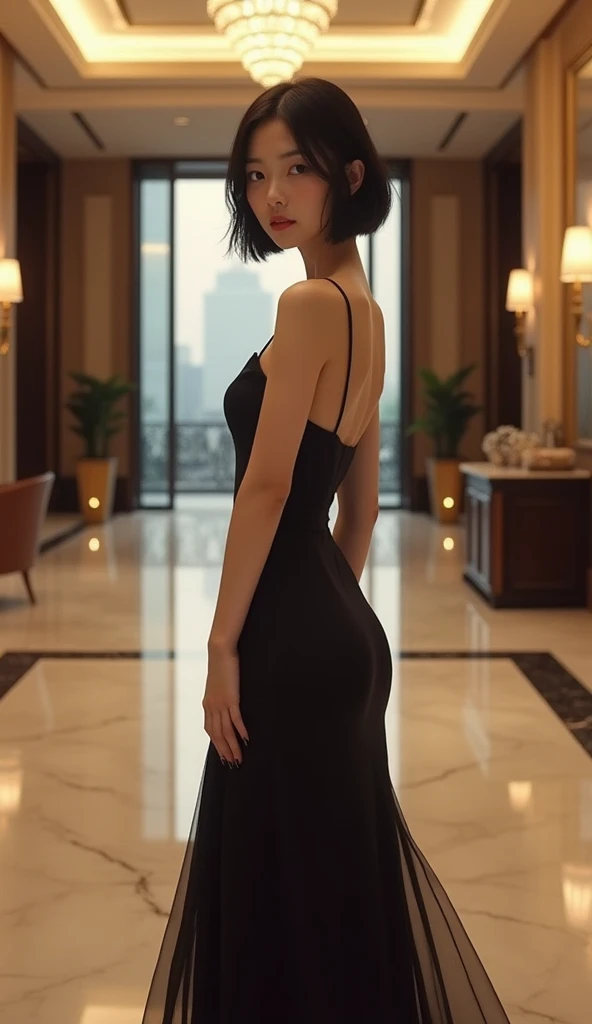 (Best quality, Japanese woman, 4, short black hair, (wearing an elegant dress:1.2), in a luxury city hotel lobby, (soft lighting))