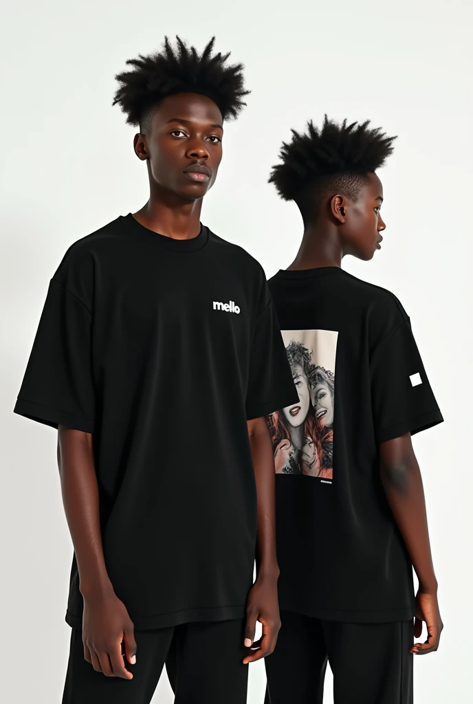 Two young black models, one from the front, the other from the back, wearing an oversized black t-shirt, with a white background for a unisex clothing brand, the one facing the writing; melo, small on the left corner of the chest and the back with a cool print, a small square on the sleeve of the shirt