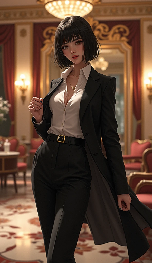 (masterpiece, 1girl, Japanese, 4, short black hair, stylish outfit, (luxury hotel lobby:1.3), elegant pose)
