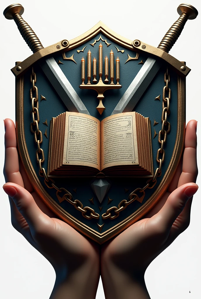 Crée moi un logo 3D hyper realiste et tres moderne en forme de bouclier avec deux épées qui se croisent dont les manches et les bouts sont visibles. Sur le bouclier est dessiné un chandelier à 7 branches sur une bible et le bouclier sur des mains dont la chaîne a ete brisée. Sur le bouclier est écrit TS