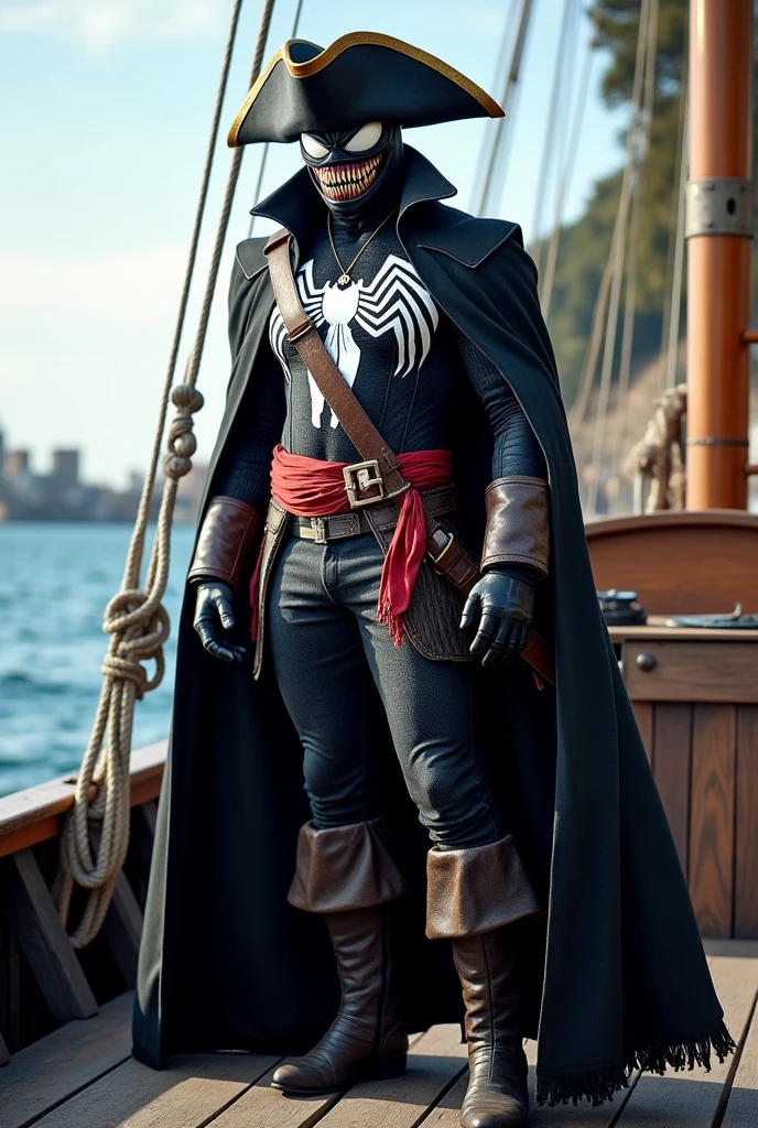 Marvel superhero full body, venom pirate costume , pirate hat standing on boat