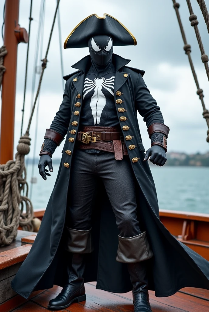 Marvel superhero full body, venom pirate costume , pirate hat standing on boat
