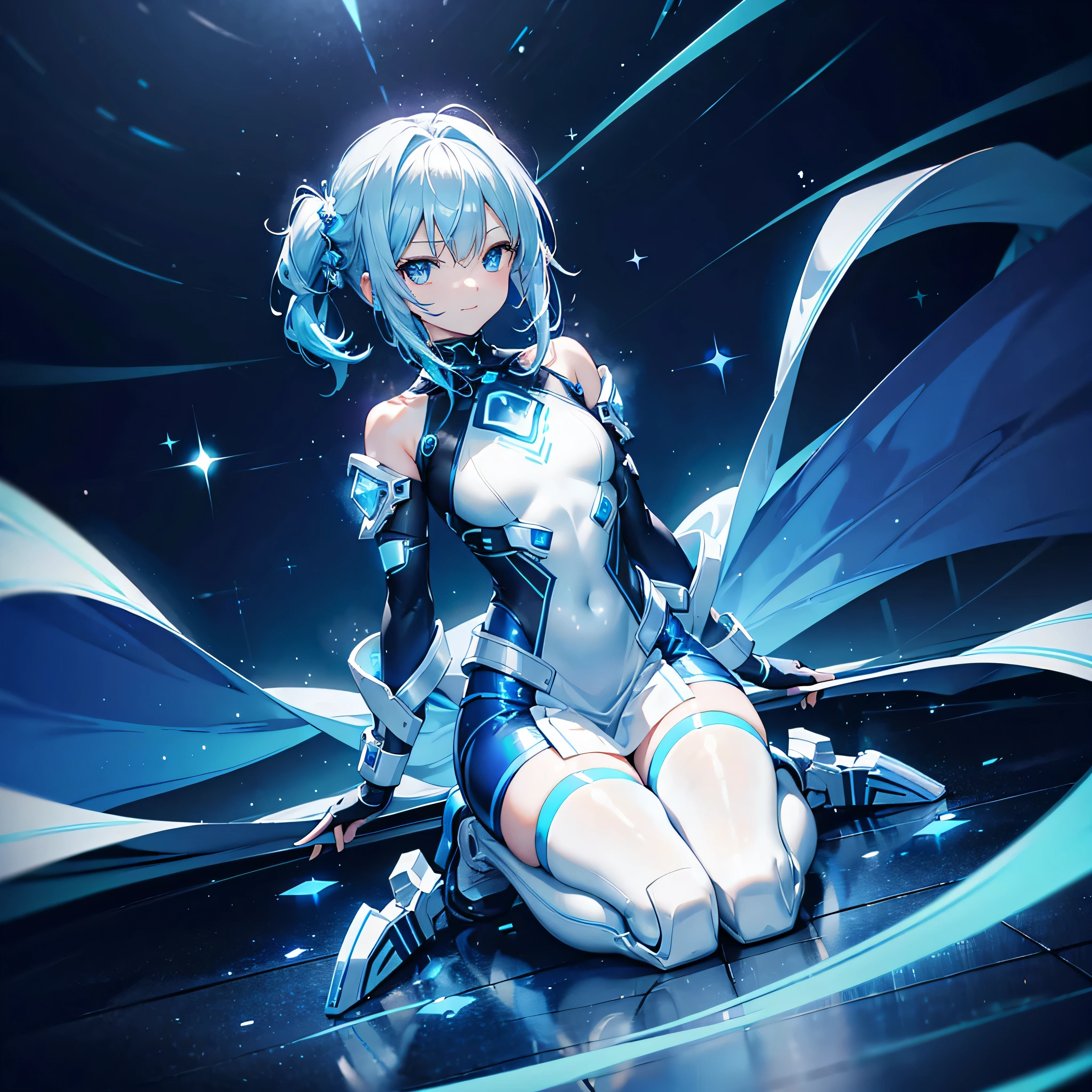 8K, Highest quality, (real:1.4), Original photo, 1 girl, Asari Hair, Biological Amplifier, Very sleek and futuristic armor, posture: Peace talks between warring factions,,attention arousal, smart blue eyes,A modest smile,Knee-high boots,Patent-look blue tights,Blue big moon and blue light swirl in the background,Blue light from behind,blue light magic,A small, glowing blue ball in the palm of your hand,Blue flame swirl,Blue Comet,Polished floor,