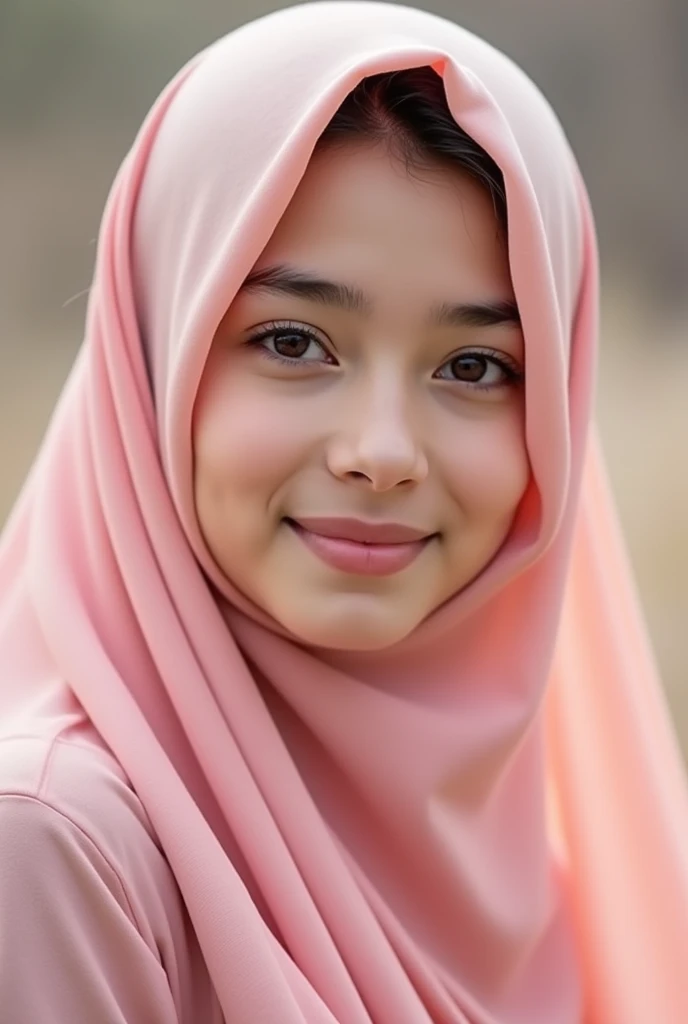 Girl with a long pink hijab.. She fair skin and she smile cute