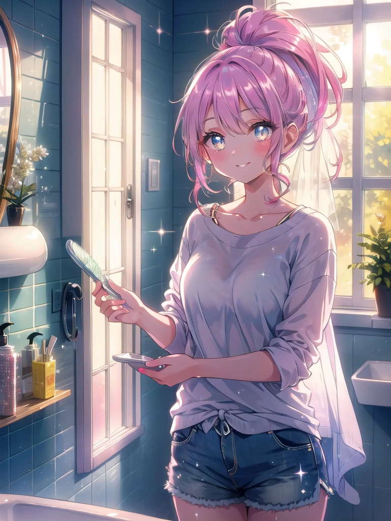 ((8k, Highest quality, masterpiece: 1.3)),Ultra-high resolution,(1 girl, alone), (Color changing eyes, Ultra-detailed, Expressive brilliance, Glitter, Glowing Eyes), Highly detailed eyes, Highly detailed face, Random Hair, ((pastel colour))A lovely woman standing in the bathroom, brushing her teeth in front of the mirror. She’s wearing a simple tank top and shorts, with her hair loosely tied back. The soft morning light streams in through the window, highlighting her natural beauty. She pauses for a moment, looking at the camera with a playful, mischievous smile, as if teasing her boyfriend who’s watching her morning routine.