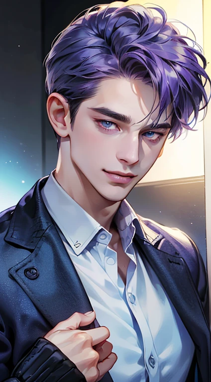 (best quality, masterpiece, 8K, photorealistic, cinematic lighting, 1:4 hdr image, ultra detailed, beautiful image), a mature man, 35 years very handsome, ((cold expression smile in love)), short purple hair, blue eyes, face perfect without mistakes, ((buttoning his jacket, CEO)), smile.