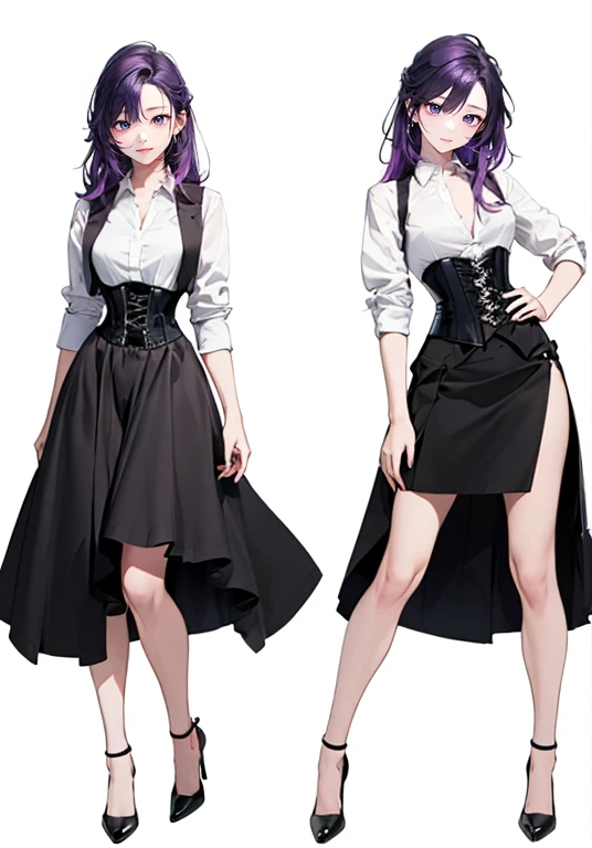 Purple Hair,Long Hair,Adult female,((Roll up your shirt sleeves)),Black vest,((corset)),(Tight Skirt),(High heels),((Simple white background)),smile,((full body)),((whole body))