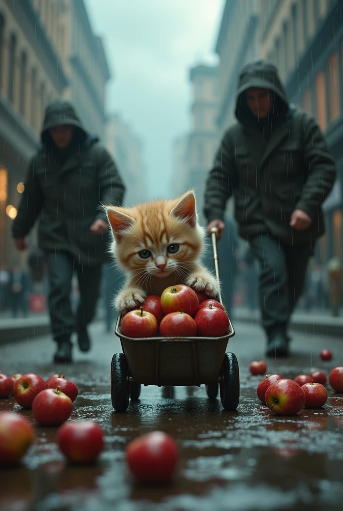 Kitten pulls cart selling apples in stormy weather.Kittens pull very tired.There was a gang of thugs pulling a cart that spilled the kitten&#39;s apples on the street.,make the kitten sell nothing.The kitten was pushed to the corner and cried helplessly.


