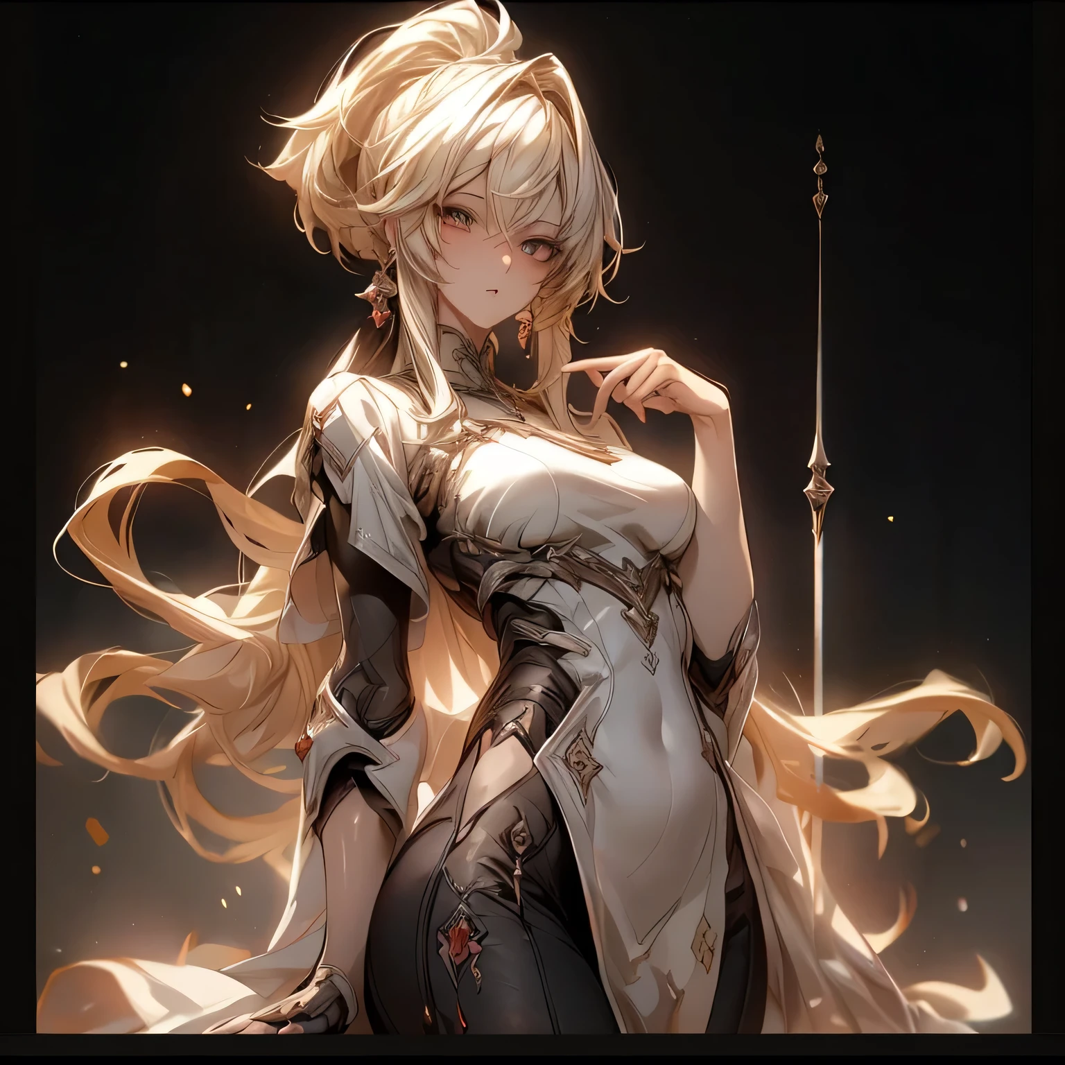(best quality)), ((Masterpiece)), (details:1.4), 3d, HDR (high dynamic range), an image of a beautiful cyberpunk female, Blonde hair, High ponytail, Sleek style, Red eyes, hips up, จมูกโด่ง, ปากแดง, หน้าอกใหญ่, nvidia RTX, PBR surface, After processing, Anisotropic filtration,depth of field, Maximum clarity and clarity, multi-layered surface, Subsurface scattering, perfect proportions, 8K raw files, ultra detailed, Perfect proportions, volumetric lighting, soft lighting, Holy Knight, Light Black Armor, glossy skin, castle background, jewely, ต่างหู, นิ้วมือสมบูรณ์,