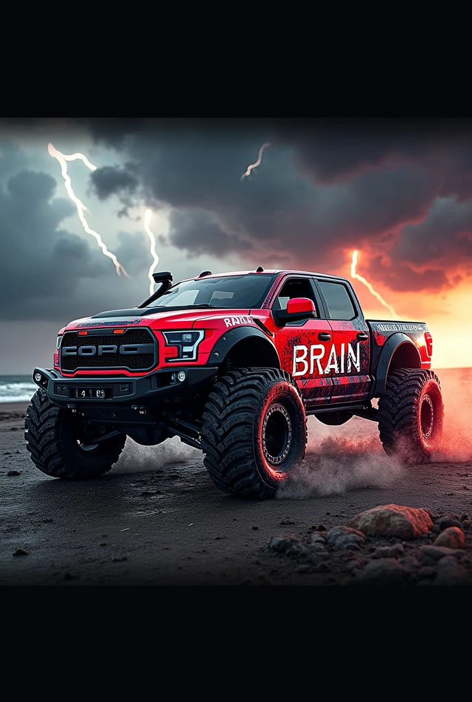 A captivating 3D rendered logo for "Team AjuAAA" which features a sleek and modern design.  The daring one "BRAIN AAAA" is intertwined with a stylish Red and Black 4x4RC pickup truck, mostrando su impresionante carrocería con imagenes de  Team BRAIN AAAA, super lowered and big tires.  The background is a storm with a Horse entwined with the storm. y el texto TEAM BRAIN AAAA en una combinación sofisticada y simplista de fuentes elegantes y modernas con vibrantes detalles. The rugged color palette creates a sense of high-quality action and a lively, social atmosphere..  El diseño del cartel Team BRAIN AAAA irradia energía y emoción para aquellos que aman lo pasatiempos llenos de adrenalina.