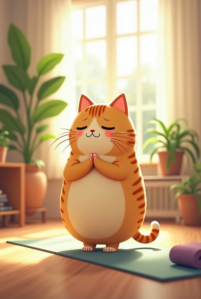 Yoga Practice - Finding Balance:

Scene: The cat-human is trying out yoga, attempting a simple pose like downward dog or tree pose, but with a bit of wobble due to their round shape. Their face shows concentration and a little bit of strain, with one leg slightly off-balance. The setting is a peaceful living room or a small yoga studio with soft lighting, yoga mats, and some indoor plants. The scene should be light-hearted, showing the character’s effort to find balance and flexibility.