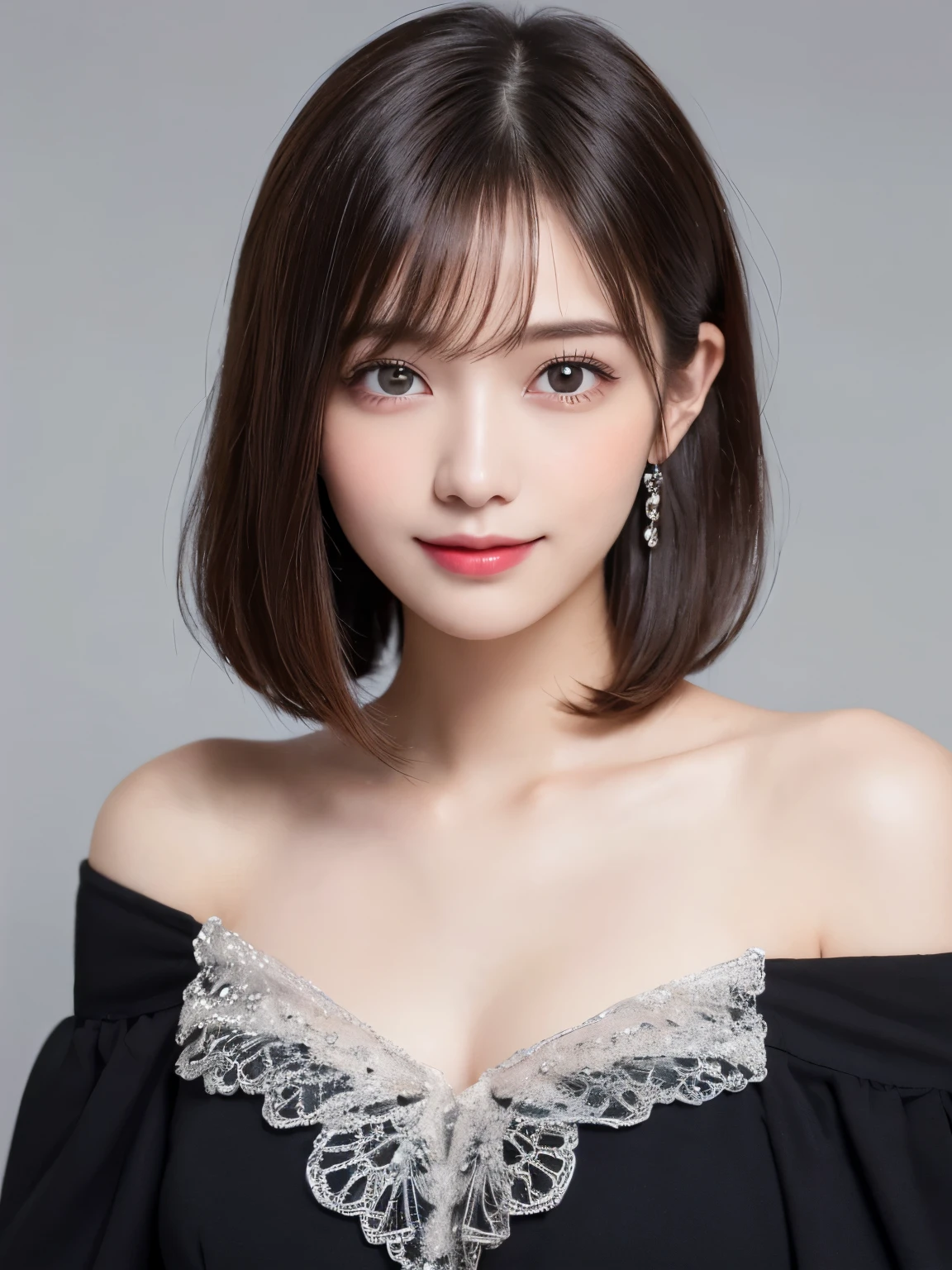 silver background, full body portrait, looks very happy, smile, one girl, (a beauty girl, delicate girl:1.3), (20 years old:1.3),  (black off shoulder dress), very fine eyes, (symmetrical eyes:1.3), C cup breasts, brown eyes, parted bangs, short hair, (eyes and faces with detailed:1.0),  (masterpiece, best quality, ultra detailed, detailed face, 8k)