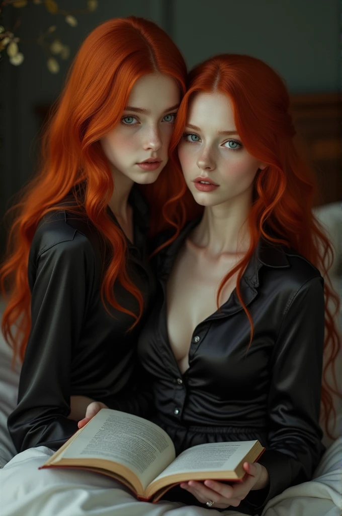 a 2 girl, young and attractive long red hair, Red lips, sky blue eyes and white skin, She has a flirtatious look while lying on the bed in a room, wearing a long black silk dress-type t-shirt. In his hands he has a book which he is reading. 