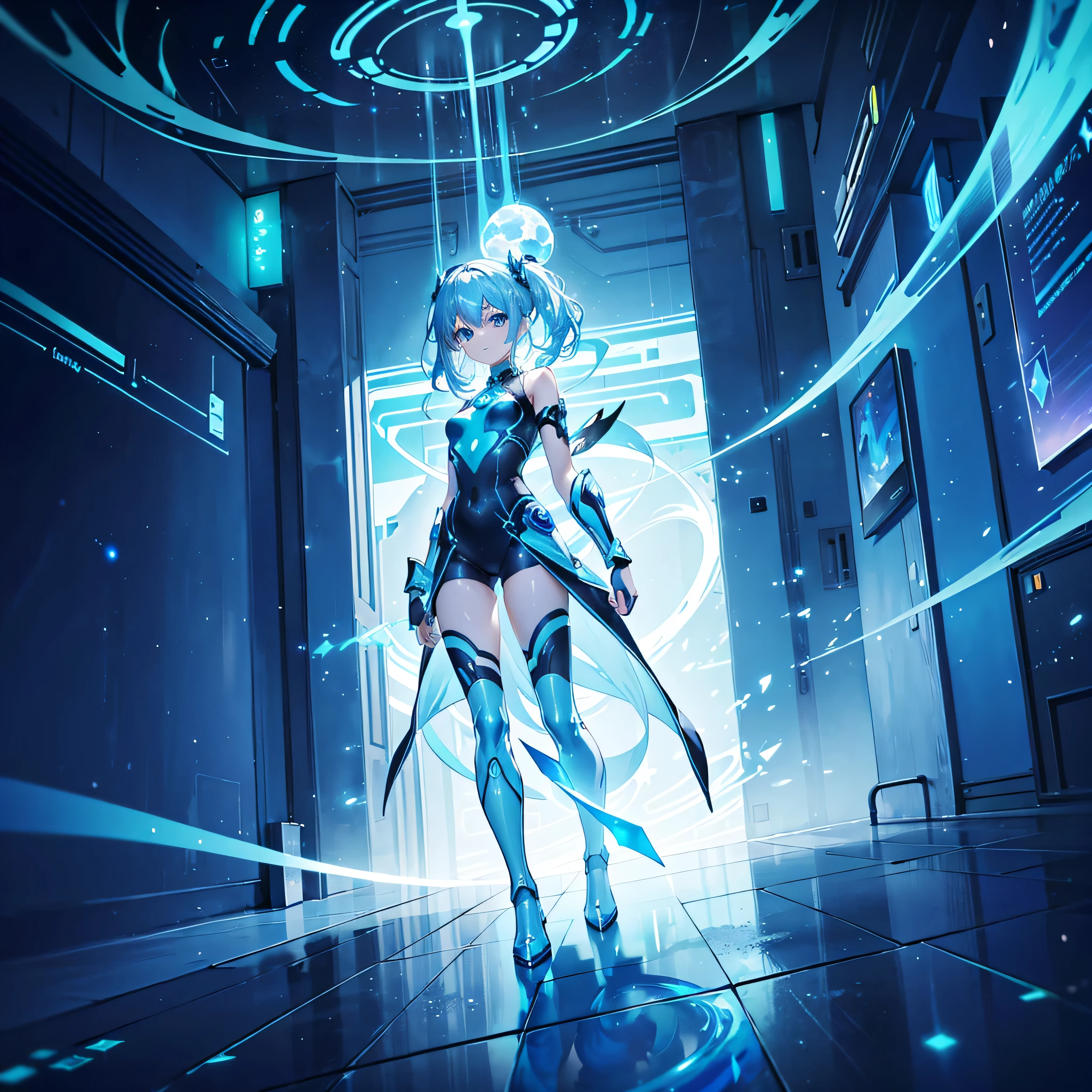 ((Holographic glow effect)),8k, Highest quality, (real:1.4), Original photo, 1 person, Asari Hair, Biological Amplifier, Very sleek and futuristic armor, posture: Peace talks between warring factions,,attention arousal, smart blue eyes,A modest smile,Knee-high boots,Patent-look blue tights,Blue big moon and blue light swirl in the background,Blue light from behind,blue light magic,A small, glowing blue ball in the palm of your hand,Blue flame swirl,Blue Comet,Polished floor,