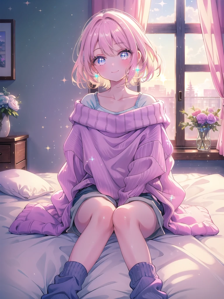 (One transcendent beautiful girl)、ultra-detailed、(8K, RAW photo, best quality, masterpiece:1.2), (extremely detailed 8K wallpaper),professional lighting,sharp focus, depth of field、(((Detailed and accurate face))),((cowboy shot)),nfws,((Pink short bob、Fluffy curly hairy、Rainbow colored inner curl hair))、((Highest quality)), ((masterpiece)), (((A simple, baggy hoodie、barefoot))),((Perfect Face、Beautiful Eyes)),(((Sit cross-legged on the sofa)))、((Blushing)),(((Laugh provocatively)))