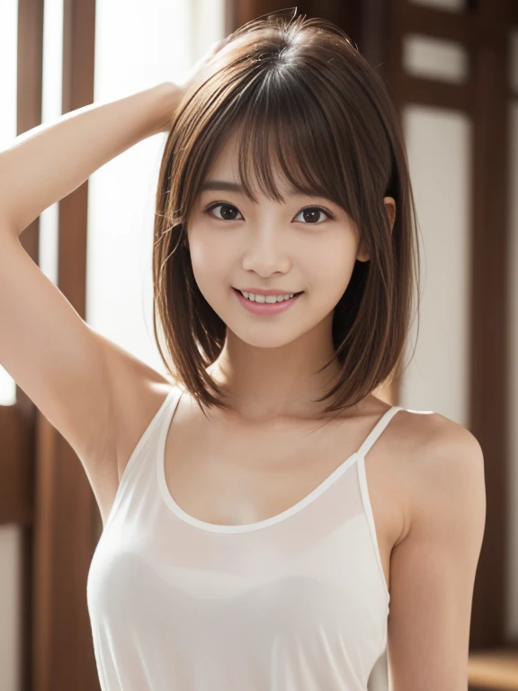 masterpiece, Highest quality, Ultra-high resolution, Super detailed, Sharp focus, One person, alone, Amazingly cute and beautiful sexy Japanese model, 1, View your viewers:1.3, (bright smile:0.6), wearing (blouse), evening, sunset, night, Realistic, thin, (Are standing:1.1), (Looking at the audience:1.3), Sexy Gaze, blush, (Upper Body Shot:1.6), Medium Hair, Messy Hair, Asymmetrical bangs, Light brown hair, Messy Hair style, ((Pure white tank top、Place your hands behind your head、smile、Light clothing))