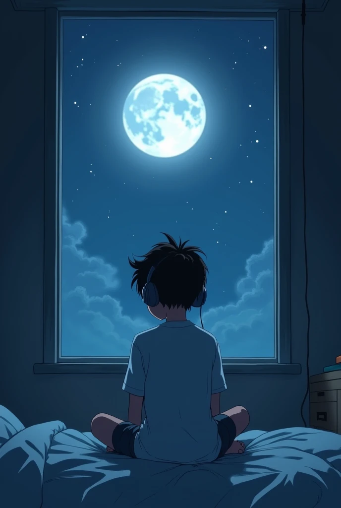 A boy who is listening a music in the middle of the night. There a a window and in the window has a moon with full moon bright.
A normal window. A middle class family boy.
A anime boy Boy =