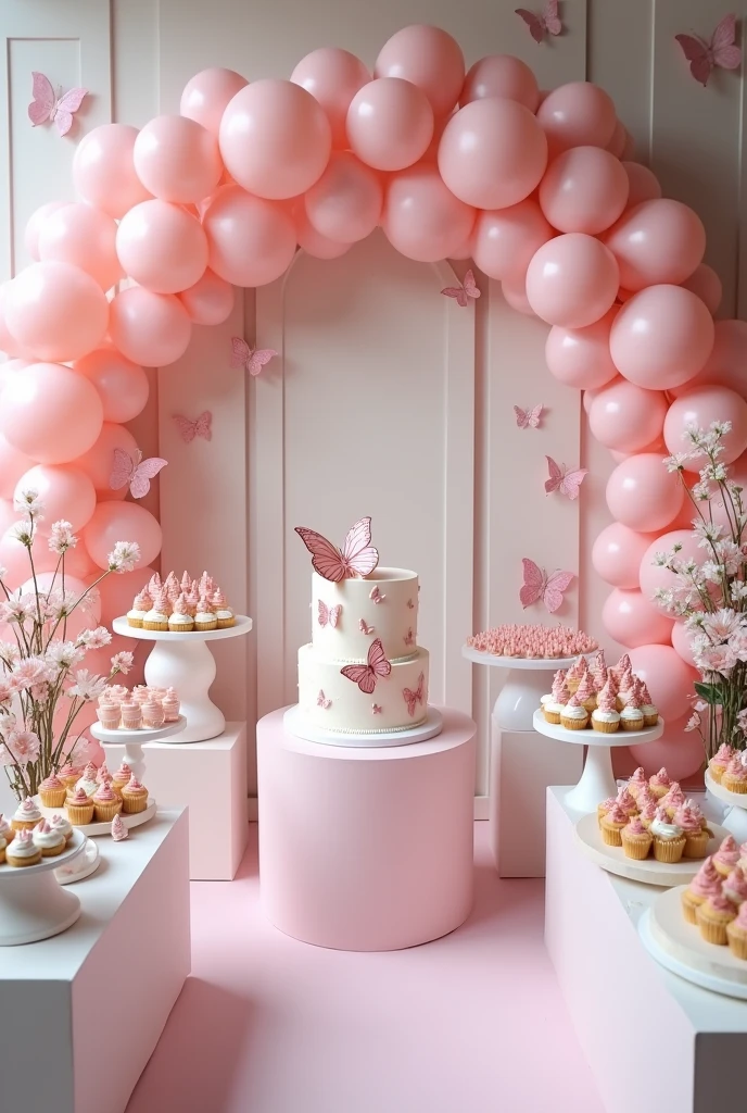 Butterfly themed party decorations. The predominant color palette is pink and white. The environment is decorated with an arch of balloons in shades of pink, in addition to several white tables at different heights, with sweets, cupcakes and flower arrangements. At the center, there is a cake decorated with butterflies and other delicate details. The background has panels with soft illustrations, complementing the theme. The decor is elegant and well organized., highlighting the butterfly theme with a modern and sophisticated touch."