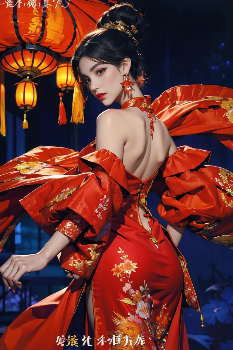 (masterpiece:1.2, best quality), (Vogue magazine cover), modern cheongsam with a twist, deep midnight blue silk, iridescent threads, asymmetrical hemline, (phoenix embroidery in vibrant reds, oranges, and golds across the back and shoulders), detachable sleeves revealing lace-trimmed cap sleeves, (model with sleek, high bun, wearing mismatched earrings—a tiny fan and a Chinese lantern), holographic flats changing color as she moves, (background of a dimly lit traditional Chinese garden at twilight, the embroidery catching the soft glow of lanterns).
