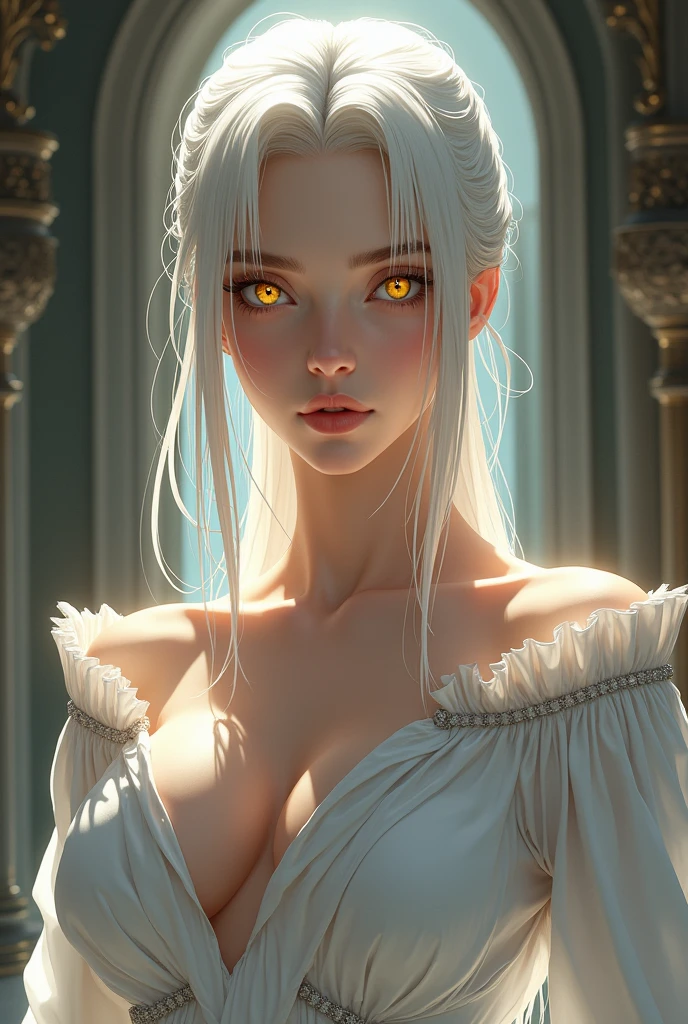 medieval female, perfect yellow eyes, perfect retina, serious face, white ponytail, perfect body, white bard silk costume, erotic, light aura, medieval style, masterpiece, vinland saga style, nsfw