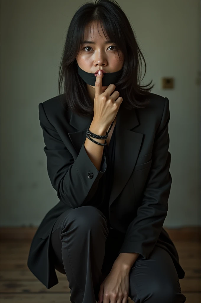 Vietnamese female detective with her hands and feet tied and her mouth gagged with tape