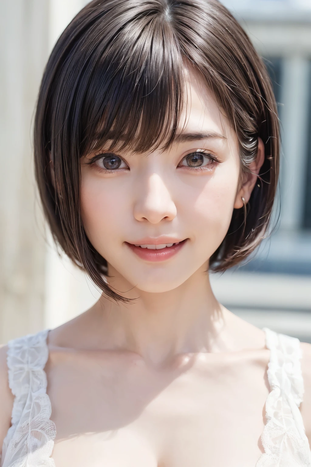 (software:1.8、masterpiece, Highest quality),1 person, alone, hyper Realistic, Realistic,Realistic, Looking at the audience, Light brown eyes:1.4,Brunette Short Bob Hair with highly detailed shiny hair, Brightly colored winter clothes, Lepangas:1.4), Outdoor, Mouth closed, Upper Body、big chest eye、eyelash、{Hugeな|big chest|Hugeなな|Mega} whole :2, chestの谷間:2、(((big chest eye、Short Bob Hair、Highlights from Students、Looking at the audience、She is very beautiful and cute、Show me your ears、Long neck、smile、Close your mouth and smile、Bangs and beautiful teeth)))、Ideal body type、（Nothing is drawn、A very beautiful pure white background:1.6）、美しいLong neck:1.4、(({Huge|big|Hugeな|Mega} chest, chestの谷間:2、Upper Bodyは服を着ていない:1.6))、(((Portraiture:2)))、Perfect Anatomy