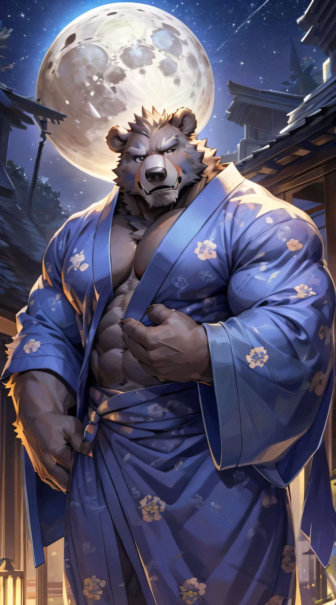 solo,masterpiece,high quality,(detailed eyes),furry male bear,((blaidd)),huge muscular,huge body,looking at viewer,anime,looking viewer,showing muscle,((yukata)),night,moon,grow,(by null-ghost),by pino daeni