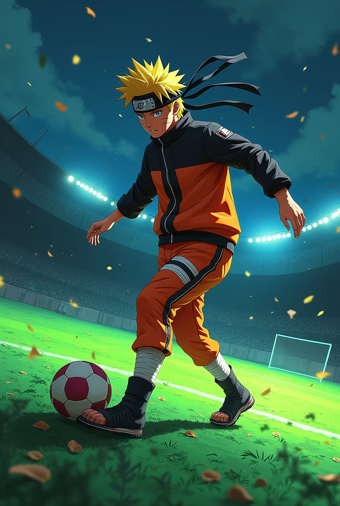 Naruto playing football at night with the word ABSTRACT on a green field 