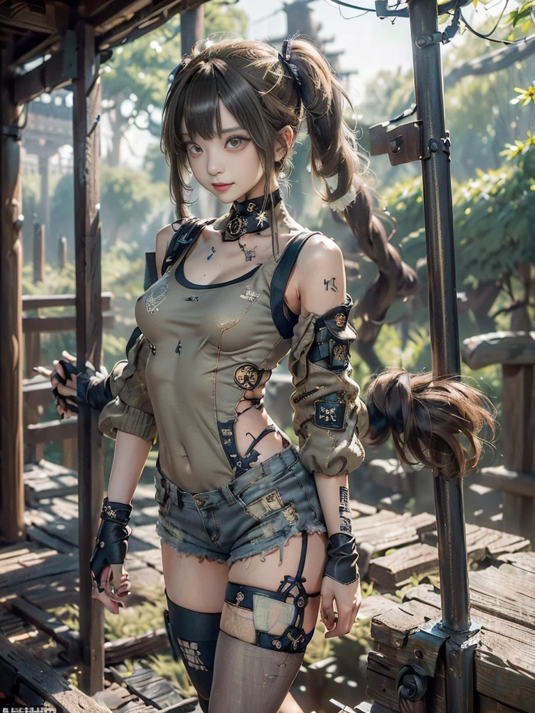 (Full Body View:1.4)、(Side view:1.2)、(Please smile with your teeth showing:1.4),(Shibuya Gal:1.5)、(Goth Style Fashion:1.5)、(Tattered khaki and gray futuristic micro high leg bodysuit:1.5)、(Tattered Khaki and Beige Micro Fancy Sleeves:1.5)、(Tattered khaki micro shorts:1.5)、(Brown and khaki knee socks:1.3)、(camouflage:1.3)、(Military jacket:1.4)、Brown boots、Khaki gloves、internal、(underwear is small:1.4)、2、(Posing as a gravure model:1.3)、((Highest quality、8k、masterpiece:1.3))、One person、The beauty of slim abs:1.3、(Hairstyle Casual、Big Tits:1.1)、dress:1.1、Super small face、Narrow eyes、double eyelid、Laughter、Esbian all over body、Dynamic Angle、Close-up、CPL Filter、Blurred Background、Bokeh、Blue Hour、Detailed face and skin texture、Detailed Eyes,(Twin tails:1.3)、(Golden brown hair:1.4)、Gravure idol pose、(Background: Beautiful ancient palace in the deep forest:1.3)、(The body is slim:1.2),(Slim legs:1.4),(clavicle:1.1)