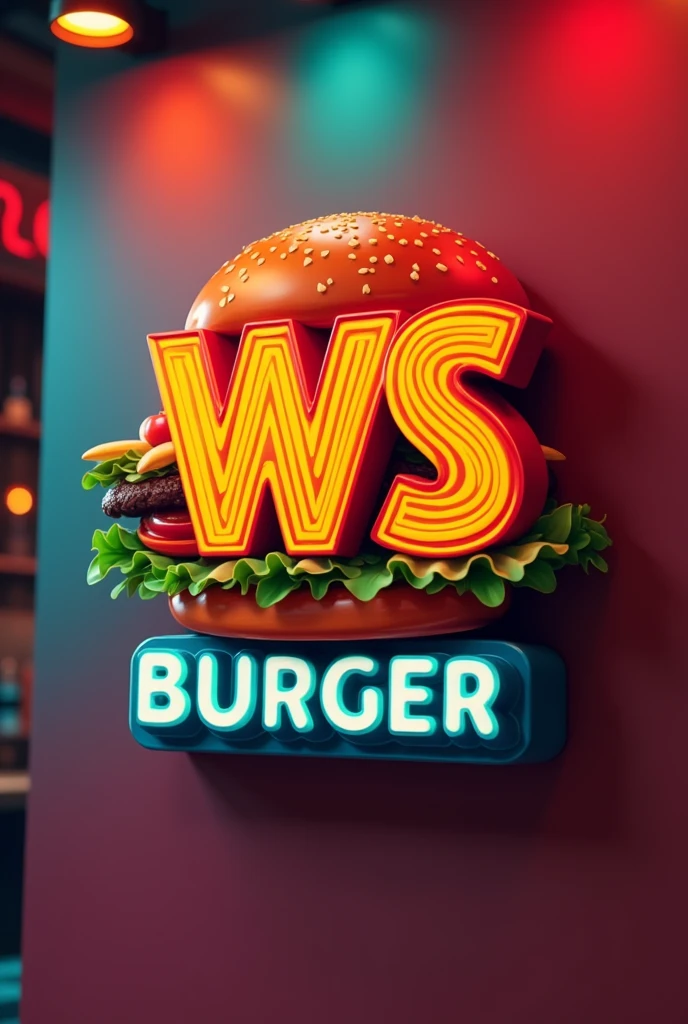 I want a brand logo with vibrant colors, burger shop with initials WS that is not too big and has the name burger 
