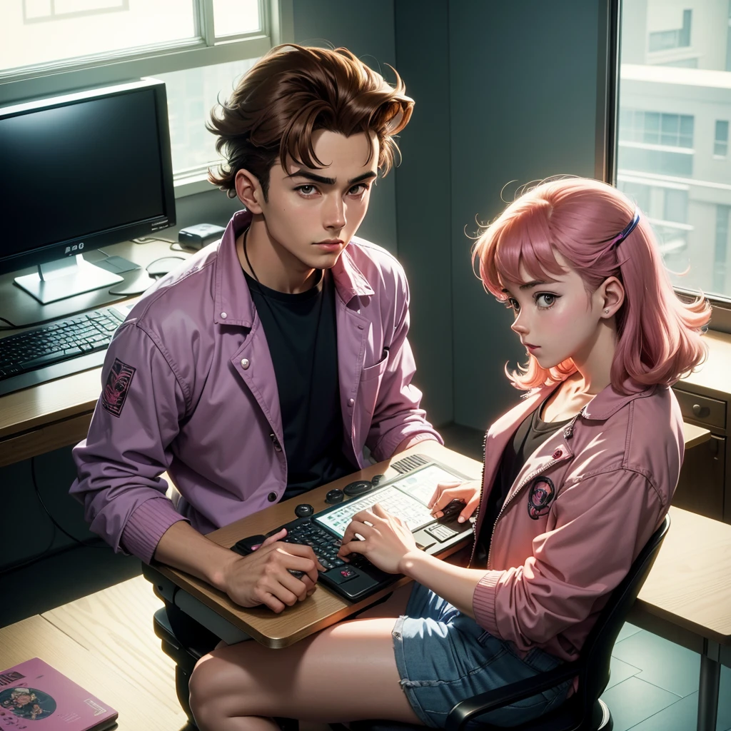 anime - style scene of a man sitting in a chair in a room with a computer and a desk, 8 0 s anime vibe, 9 0 s anime aesthetic, 8 0 s anime art style, in the art style of 8 0 s anime, 8 0 s anime style, in style of laurie greasley, lofi artstyle, 9 0 s anime style