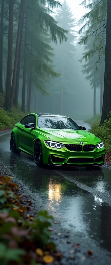 Bmw M4 competition green colour on forest road with rain 